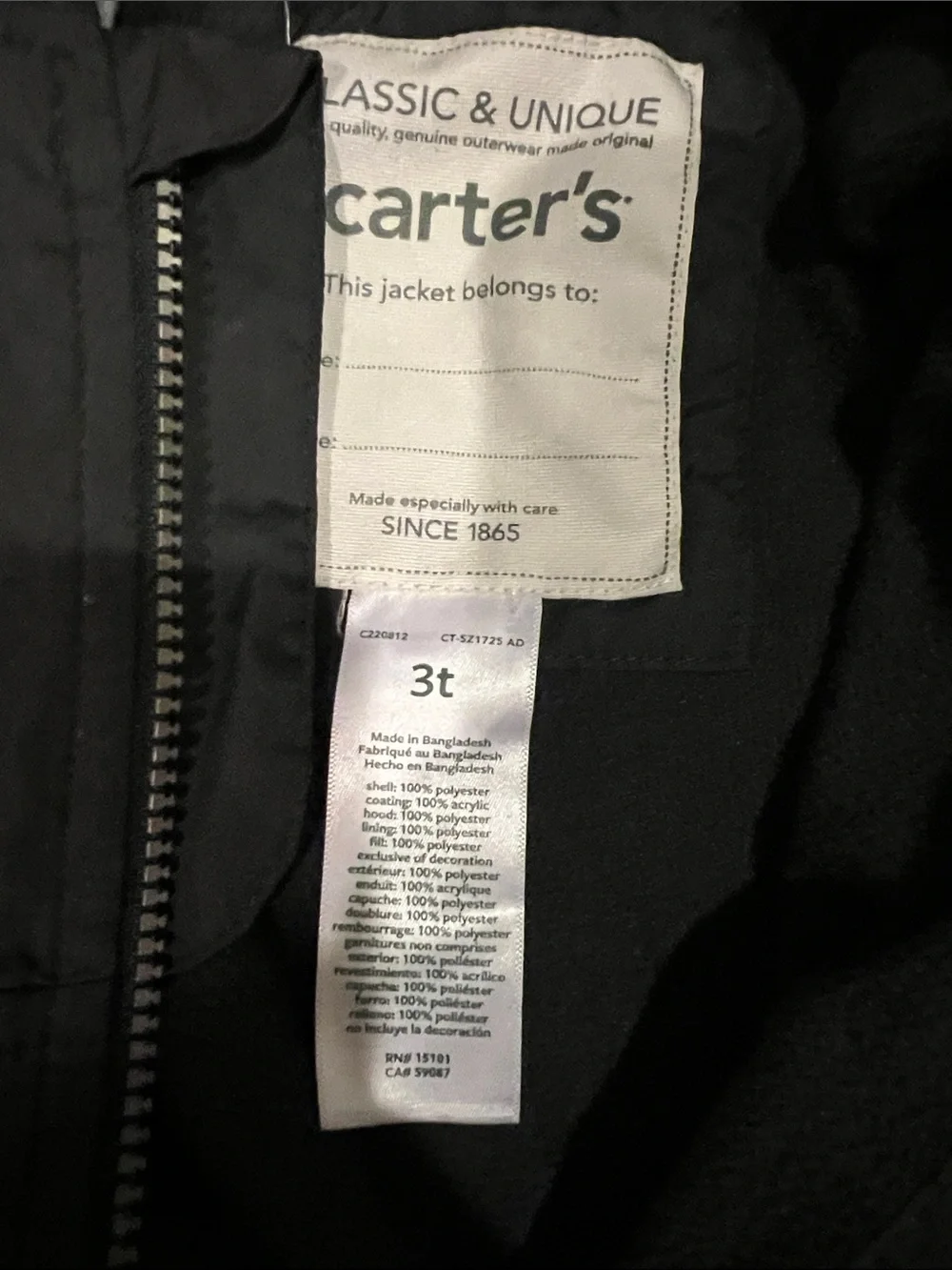 Carter's Black Puffer Jacket with Gray Hood and White Stripe Accents